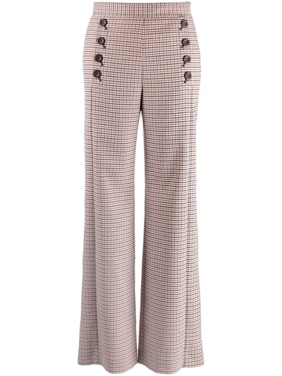 See By Chloé Button-embellished Checked Woven Wide-leg Pants In Brown,white
