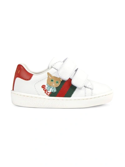 Gucci Kids' Ace 小猫刺绣皮质板鞋 In White