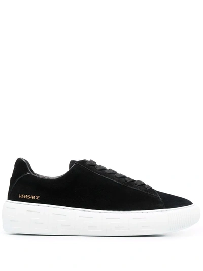 Versace Canvas Low Top Sneakers W/greca Sole In Black