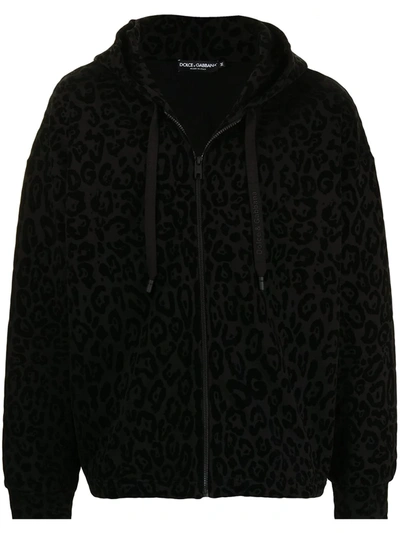 Dolce & Gabbana Leopard-print Zip-up Jersey Hoodie In Schwarz
