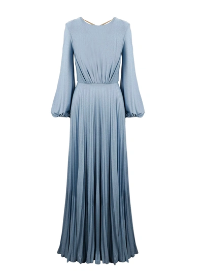 Elisabetta Franchi Pleated Skirt W/side Slit Long Dress In Baby Blue