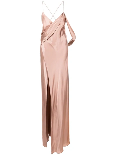 Michelle Mason Silk Wrap Floor-length Gown In Pink