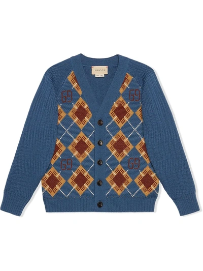 Gucci Babies' Gg Argyle Wool Cardigan In Blue