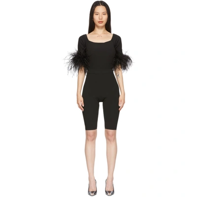 Saint Laurent Feather-trimmed Stretch-knit Playsuit In Black