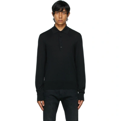 Tom Ford Black Fine Gauge Merino Long Sleeve Polo In K09 Black