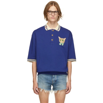 Gucci Appliquéd Cotton-jersey Polo Shirt In Blue