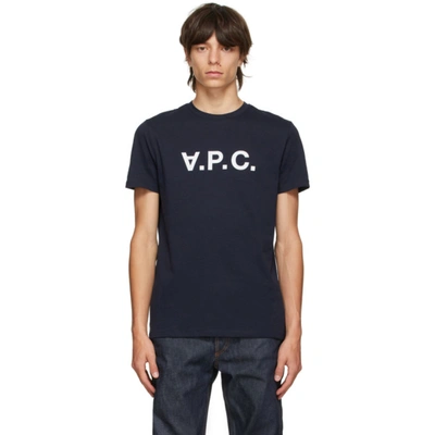 Apc Blue Cotton T-shirt With Logo Print In Navy