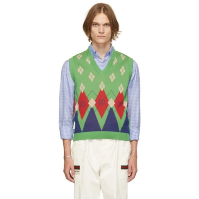 Gucci Gg Argyle Wool Knit Jumper Waistcoat In Green