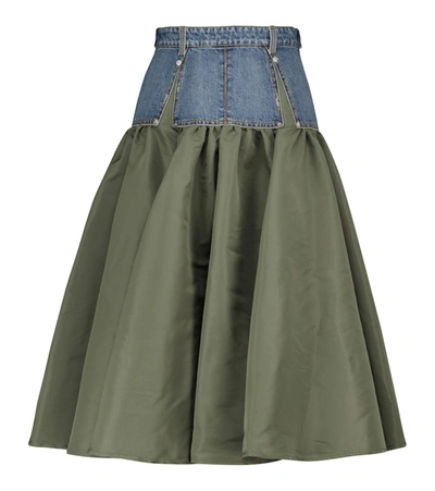 Alexander Mcqueen Paneled Denim And Pleated Faille Midi Skirt In Indigo/khaki