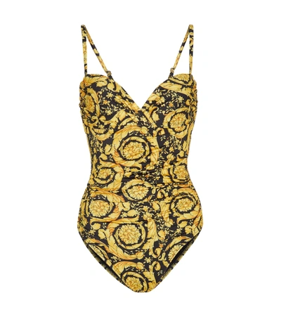 Versace Barocco-print Sweetheart-neck Swimsuit In Nero & Stampa Oro