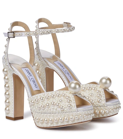 Jimmy Choo Saracria 120 Embellished Satin Sandals In White