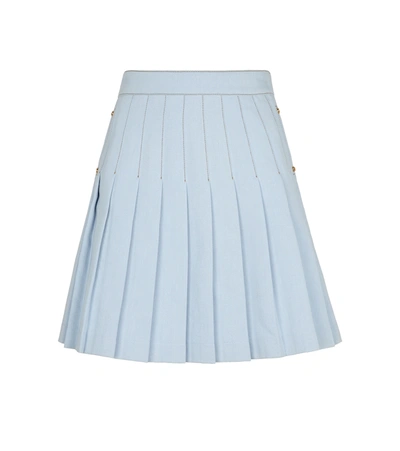 Balmain Button-embellished Pleated Cotton-blend Mini Skirt In Light Blue