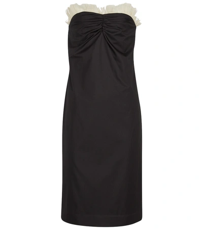 Khaite Irene Strapless Organza-trimmed Cotton-twill Midi Dress In Black