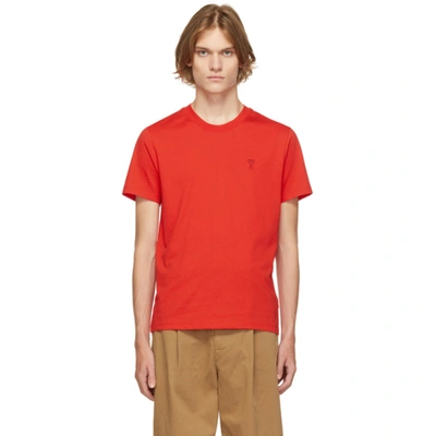 Ami Alexandre Mattiussi Logo-embroidered Mélange Cotton-jersey T-shirt In Red