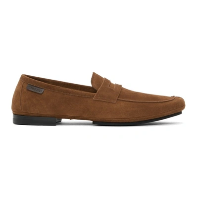 Tom Ford Almond Toe Logo Tab Loafers In Tobacco