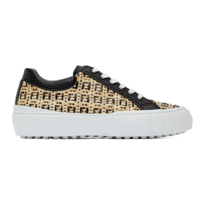 Fendi Low Top Sneakers In Raffia And Leather Inserts In Beige
