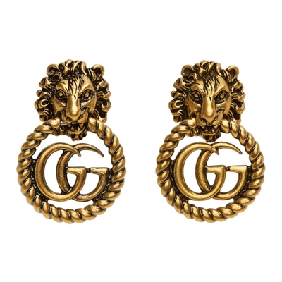 Gucci 金色 Double G Lion Head 夹式耳坠 In Gold