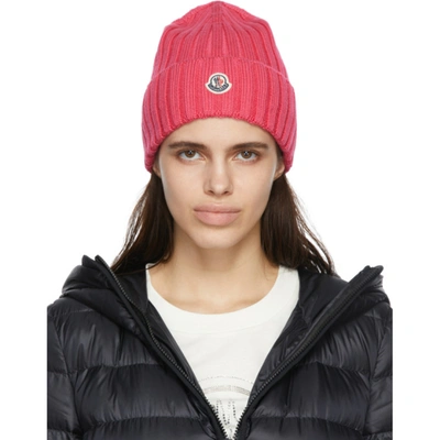 Moncler Pink Wool Hat With Logo Patch In Fuchsia