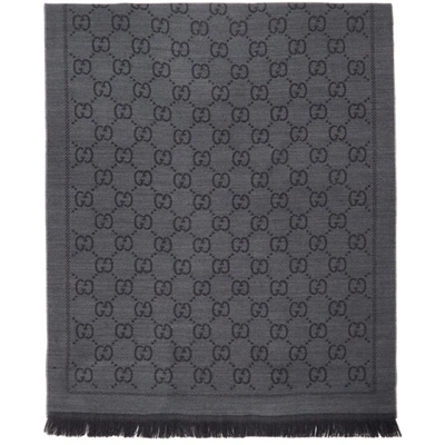 Gucci Grey & Navy Wool Gg Scarf In Anthra