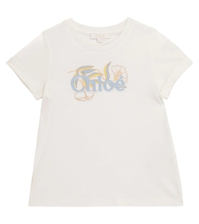 Chloé Kids' Logo Print Organic Cotton T-shirt In Blu Ardesia
