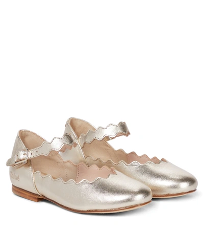 Chloé Kids' Metallic-leather Scalloped Ballerina Shoes In Gold
