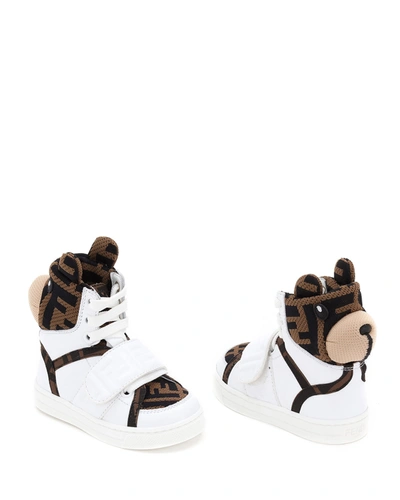 Fendi Kid's Ff Logo High-top Sneakers With 3d Bear Head, Baby In White