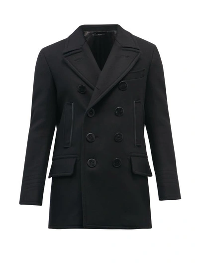 Tom Ford Leather-trimmed Melton Wool-blend Peacoat In Blk Sld