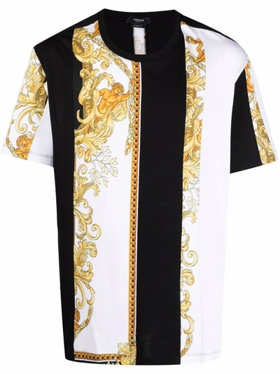 Versace Cotton T-shirt With All-over Barocco Print In White,black,gold