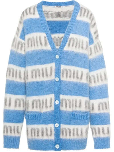 Miu Miu Mohair Blend Cardigan With All-over Inlay Logo In Astral Blue