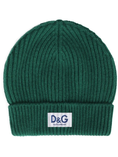 Dolce & Gabbana Logo Patched Knit Beanie In Green