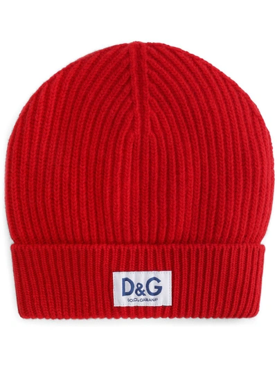 Dolce & Gabbana Logo-patch Ribbed-knit Beanie In Red