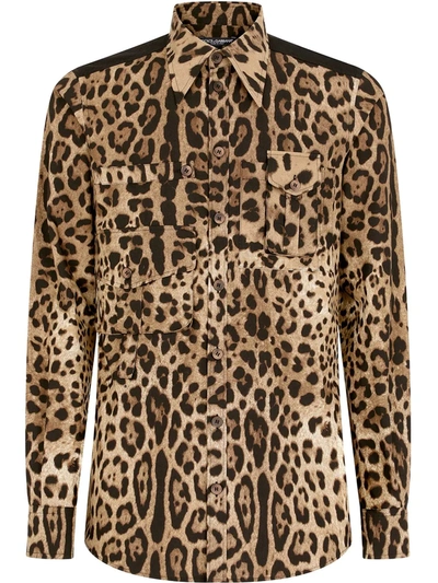 Dolce & Gabbana Leopard-print Cotton Shirt With Multiple Pockets In Multicolor