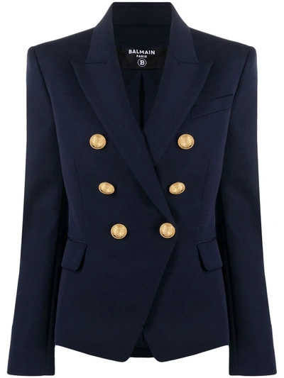 Balmain Black Double-breasted Jacket With Branded Buttons And Asymmetric Cut In Wool Woman In Marine