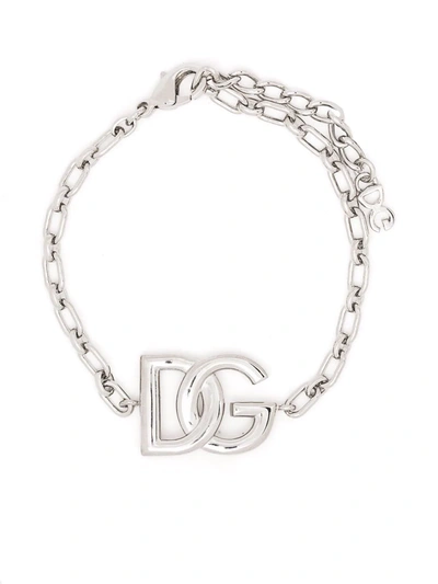 Dolce & Gabbana Logo-plaque Chain-link Bracelet In Silver