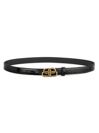 Balenciaga Bb Shiny Croc-embossed Slim Leather Belt In Noir