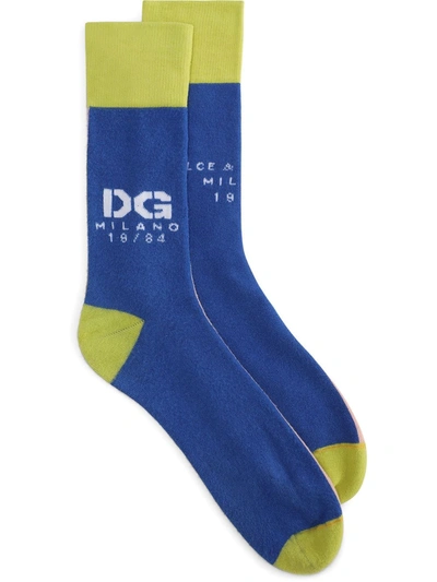 Dolce & Gabbana Stretch Cotton Socks With Jacquard Dg Logo In Blue