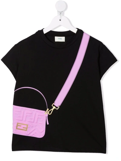 Fendi Kids' Black T-shirt For Girl With Purple Bag