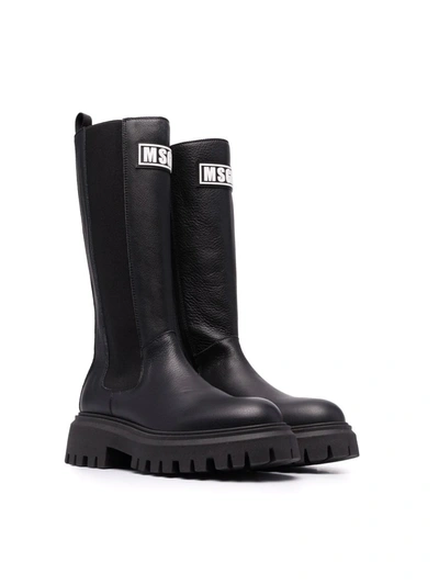 Msgm Teen Logo-print Eco-leather Boots In Black