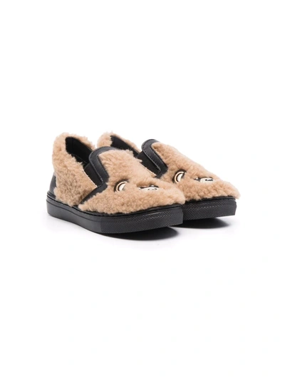 Moschino Kids' Signature Teddy Shearling Slippers In Neutrals