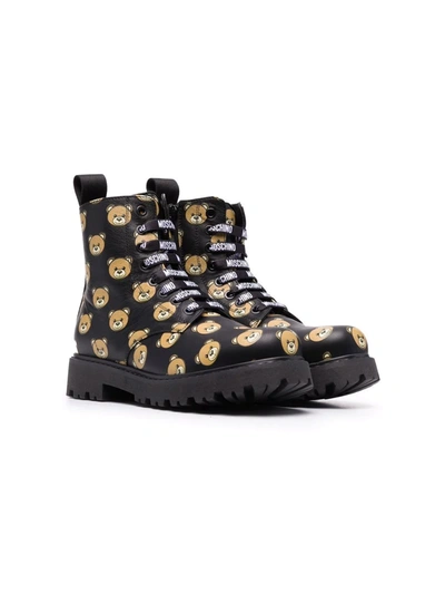 Moschino Kids' Teddy-print Leather Boots In Black