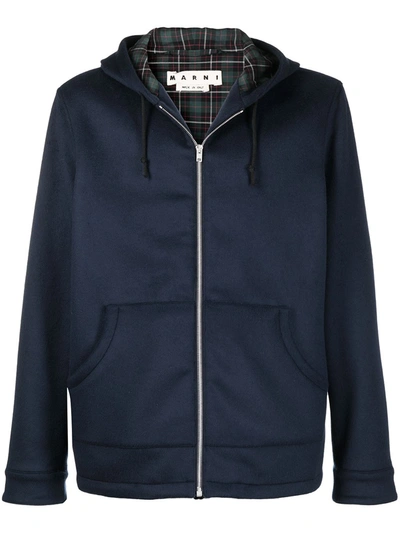 Marni Hooded Wool Zip-up Coat In Blue