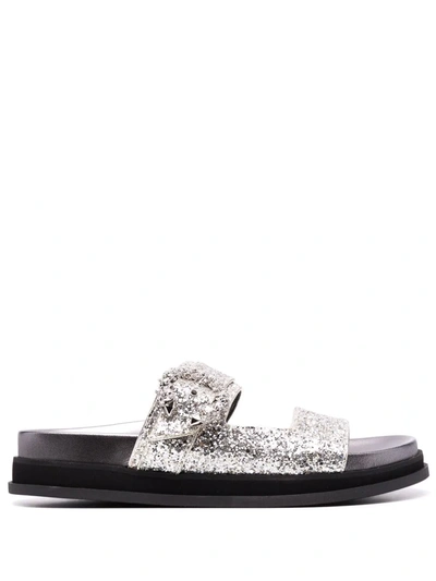 Jimmy Choo Marga Glitter Crystal-buckle Slide Sandals In Platinum Crystal
