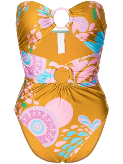 Zimmermann One Piece Teddy Double Ring Swimsuit In Mustard Floral