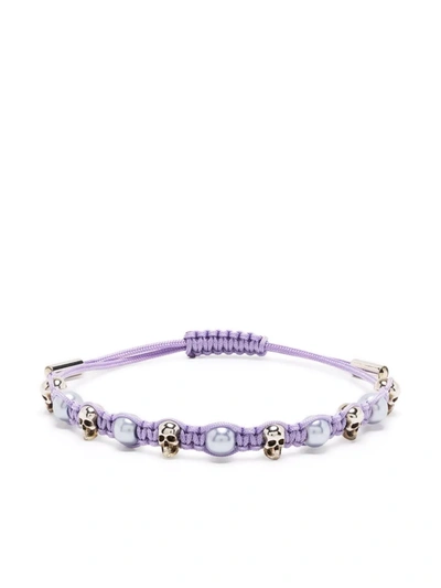 Alexander Mcqueen Skull And Pearl Friendship Bracelet In Purple