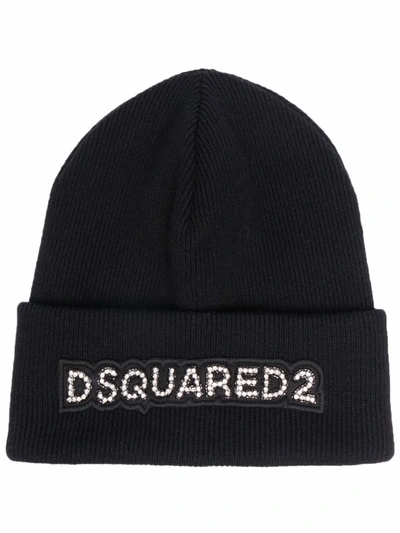 Dsquared2 Crystal Embellished Logo Beanie In Black