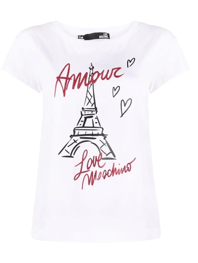Love Moschino Amour Tour Eiffel T恤 In White