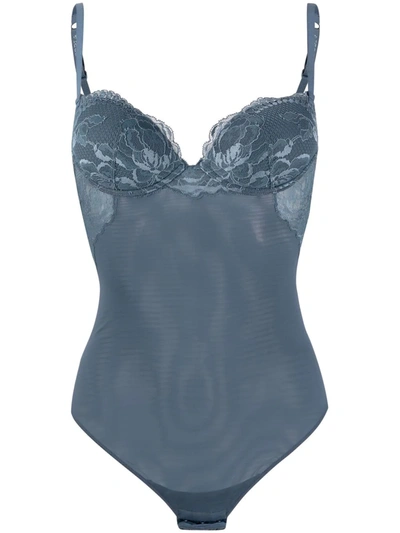 La Perla Lace Overlay Bodysuit In Blue Aviation