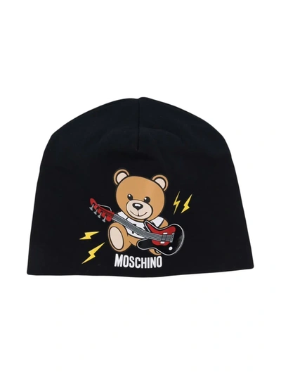 Moschino Kids' Teddy Bear-print Stretch-cotton Beanie In Black