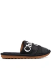 Chloé Woody Logo Ribbon Flat Slippers In Black