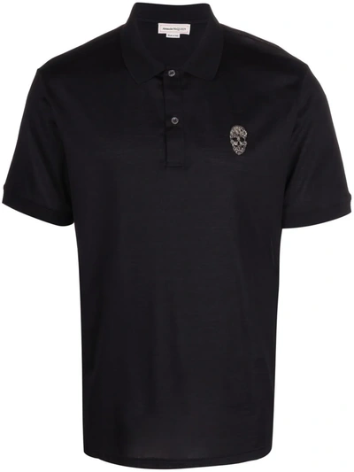 Alexander Mcqueen Bead-embellished Skull Polo Shirt In Black